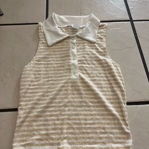 Caution To The Wind Tan and White Ribbed Sleeveless Polo Tank